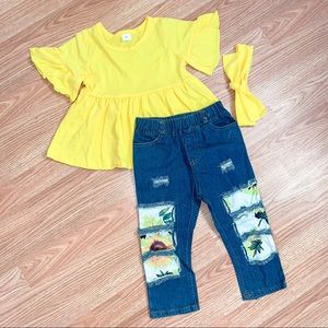 Sunflower Print Distressed Jeans, Top & Headband